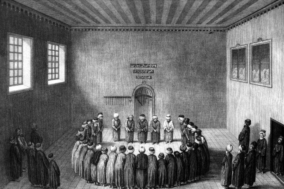 Tarihî bir zikir meclisini gösteren gravür